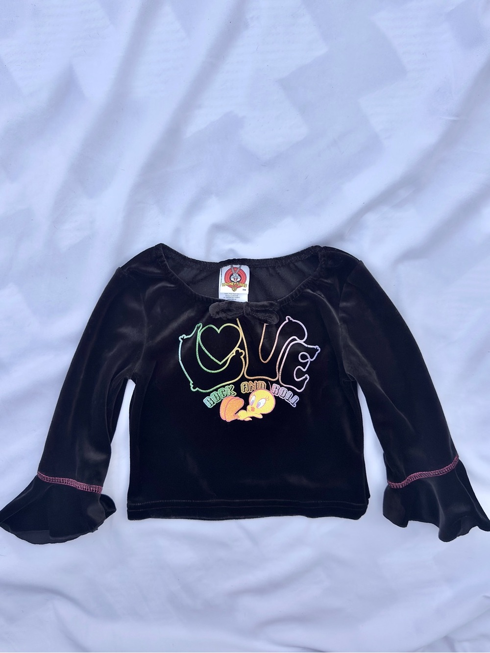 vintage y2k looney tunes tweety bird velour flare sleeve top girl’s size 4/5